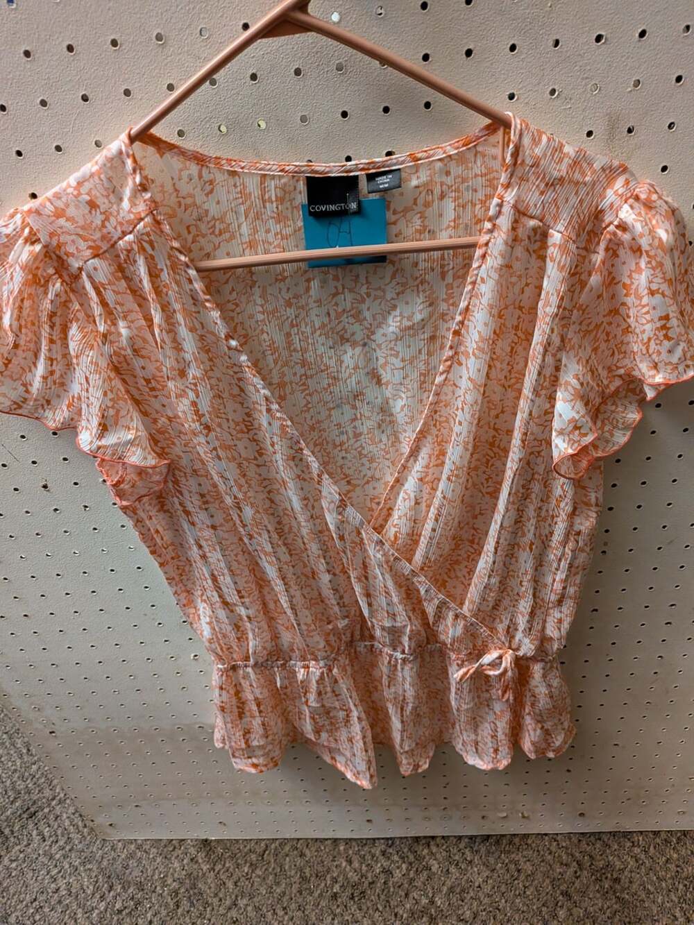 Covington Women's Orange Floral Print Flutter Sleeve Wrap Top